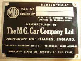 MGA 1500 etched reproduction ID plate
