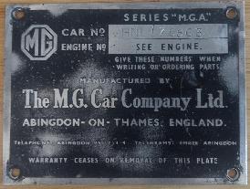 MGA 1600 Original ID plate