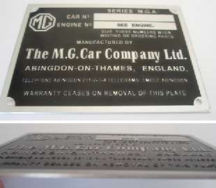 MGA 1600 engraved reproduction ID plate