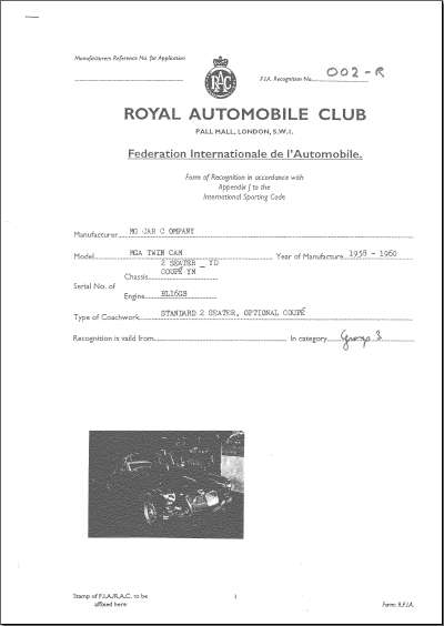 front page of FIA papers from RAC for MGA Twin Cam