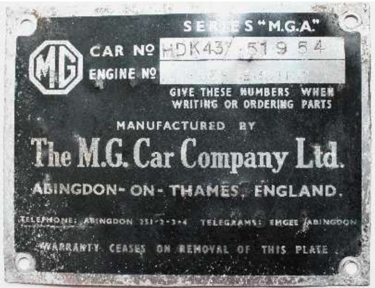 Classic MGA 57-62 Chassic Plate Plaque MG Car Company Car Number See Engine